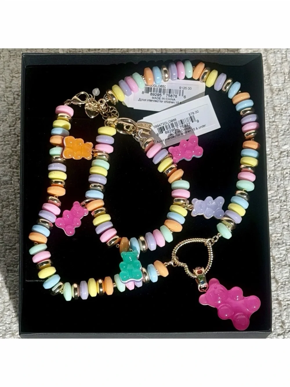 Betsey Johnson Gummy Bear 2pc Set Beaded Candy Necklace Teddy Charm Bracelet NWT